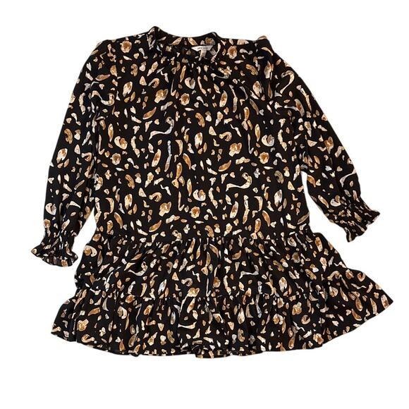 Nine West Dress Women’s XL Black Brown Abstract Print Long Sleeve Tiered - Picture 1 of 7